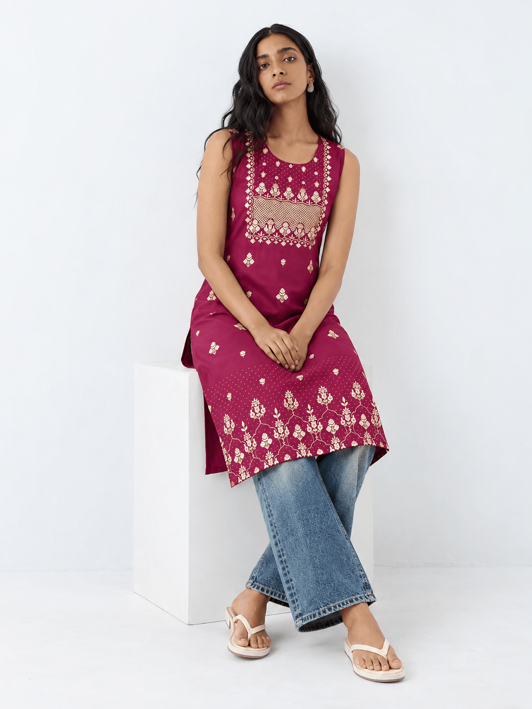 Burgundy Printed Rayon Straight Kurta with Stone Detailing - DWEEP SARA