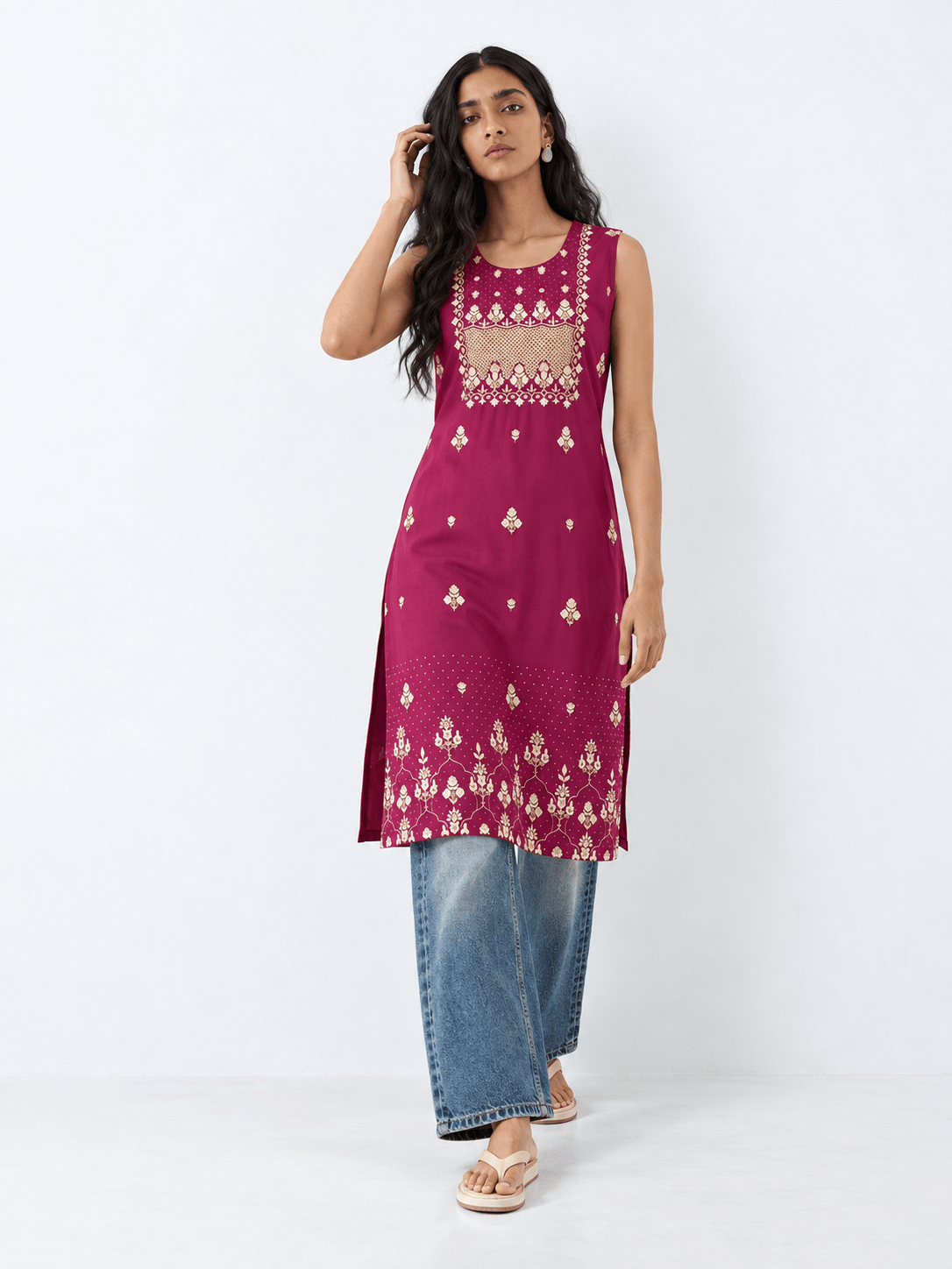 Burgundy Printed Rayon Straight Kurta with Stone Detailing - DWEEP SARA
