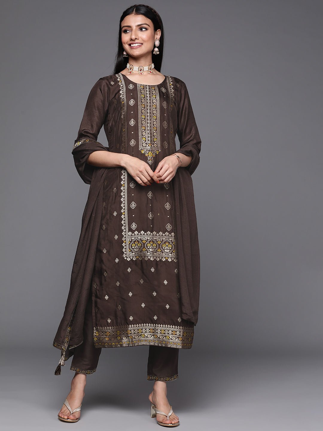 Coffee Brown Self Design Silk Suit Set - DWEEP SARA