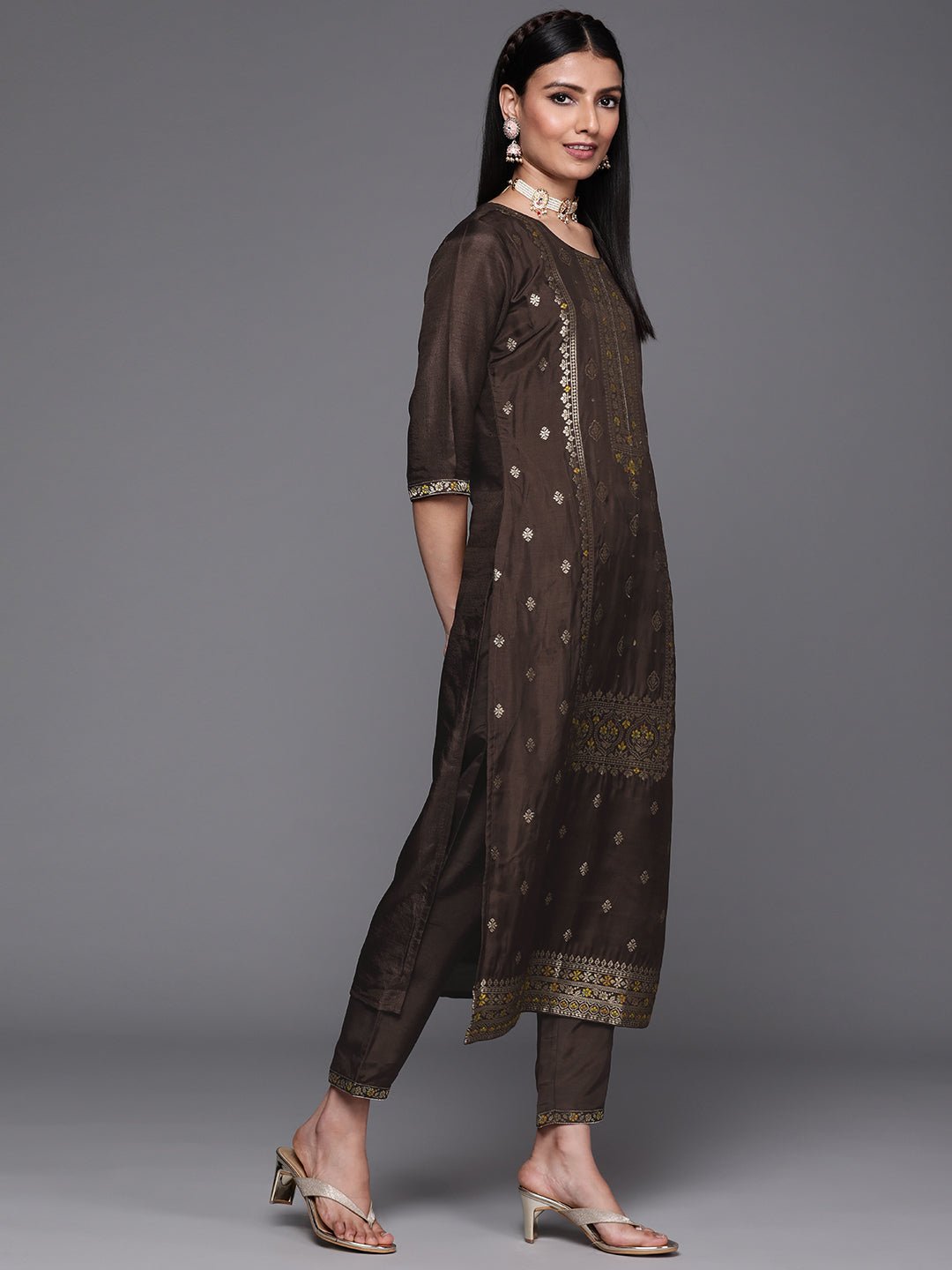 Coffee Brown Self Design Silk Suit Set - DWEEP SARA