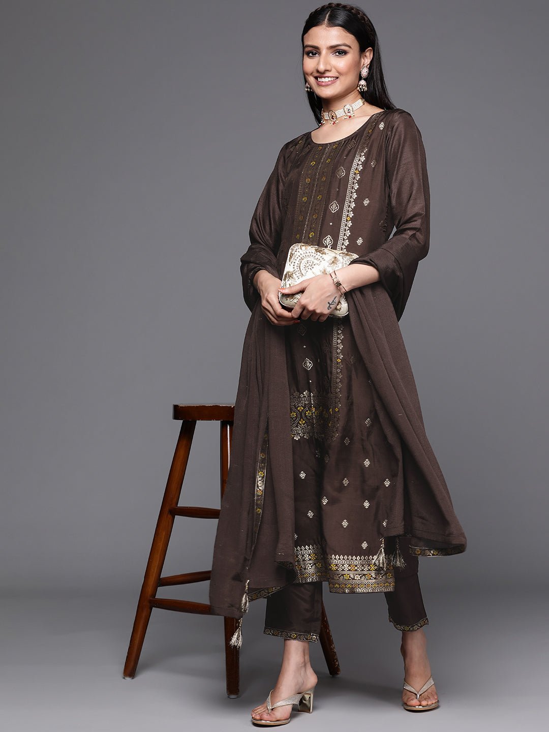 Coffee Brown Self Design Silk Suit Set - DWEEP SARA