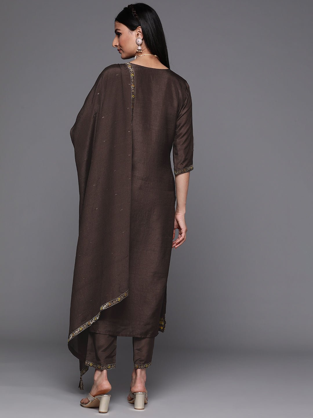 Coffee Brown Self Design Silk Suit Set - DWEEP SARA