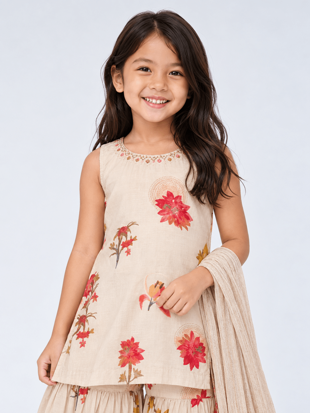 Cream Floral Kurti with Sharara Set for Girls – Festive & Party Wear (4914) - DWEEP SARA