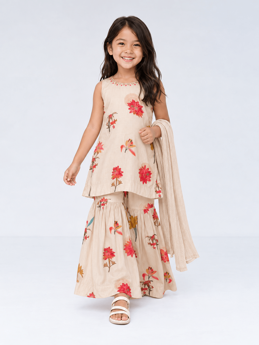 Cream Floral Kurti with Sharara Set for Girls – Festive & Party Wear (4914) - DWEEP SARA