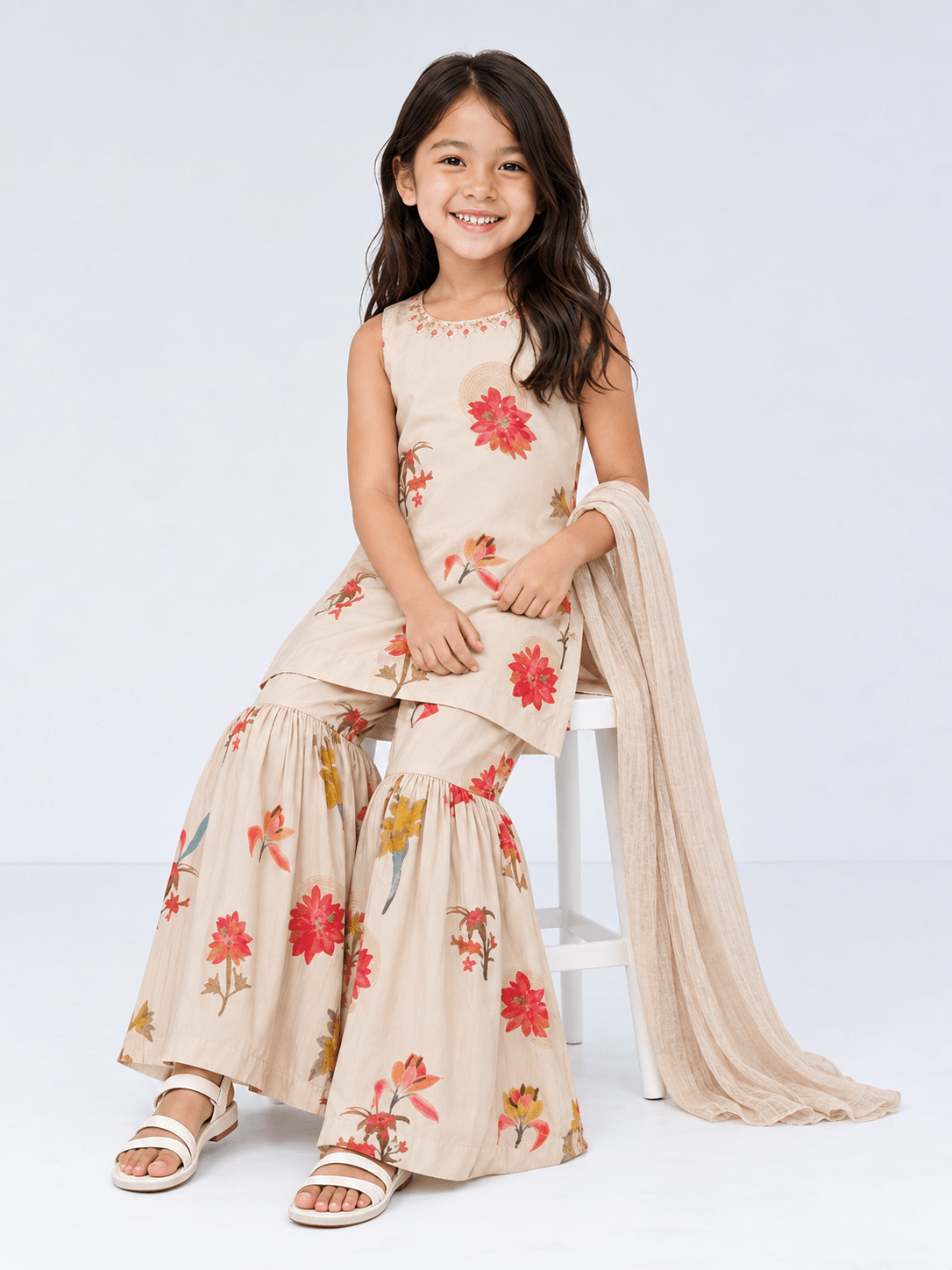 Cream Floral Kurti with Sharara Set for Girls – Festive & Party Wear (4914) - DWEEP SARA