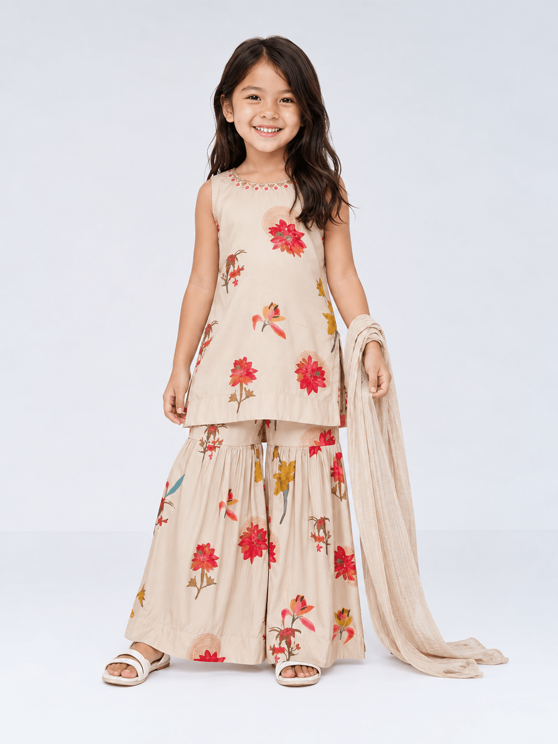 Cream Floral Kurti with Sharara Set for Girls – Festive & Party Wear (4914) - DWEEP SARA