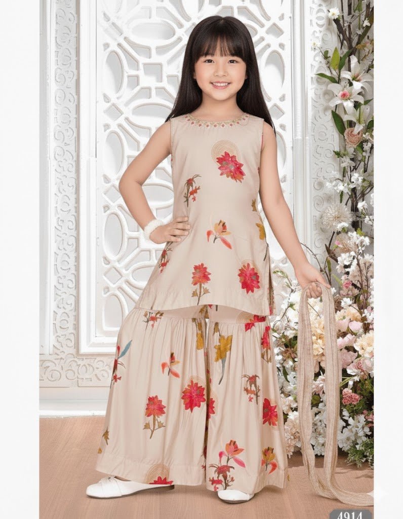 Cream Floral Kurti with Sharara Set for Girls – Festive & Party Wear (4914) - DWEEP SARA