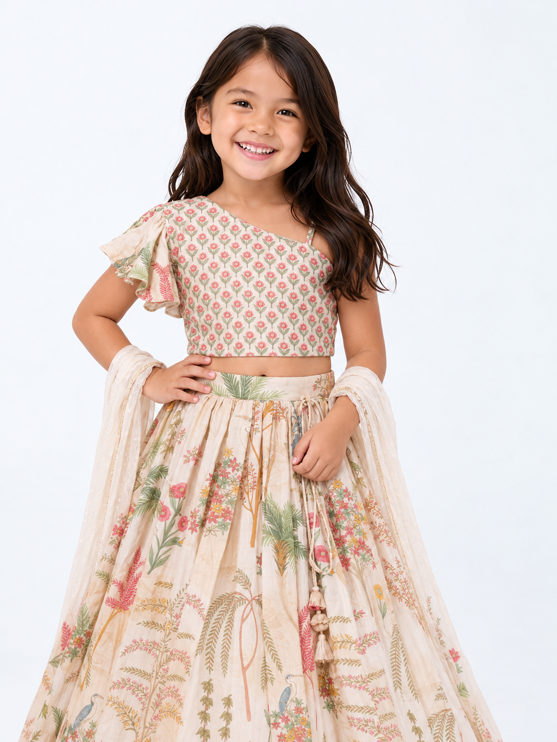 Elegant Cream Floral Printed Kids Lehenga Set – Style 4927