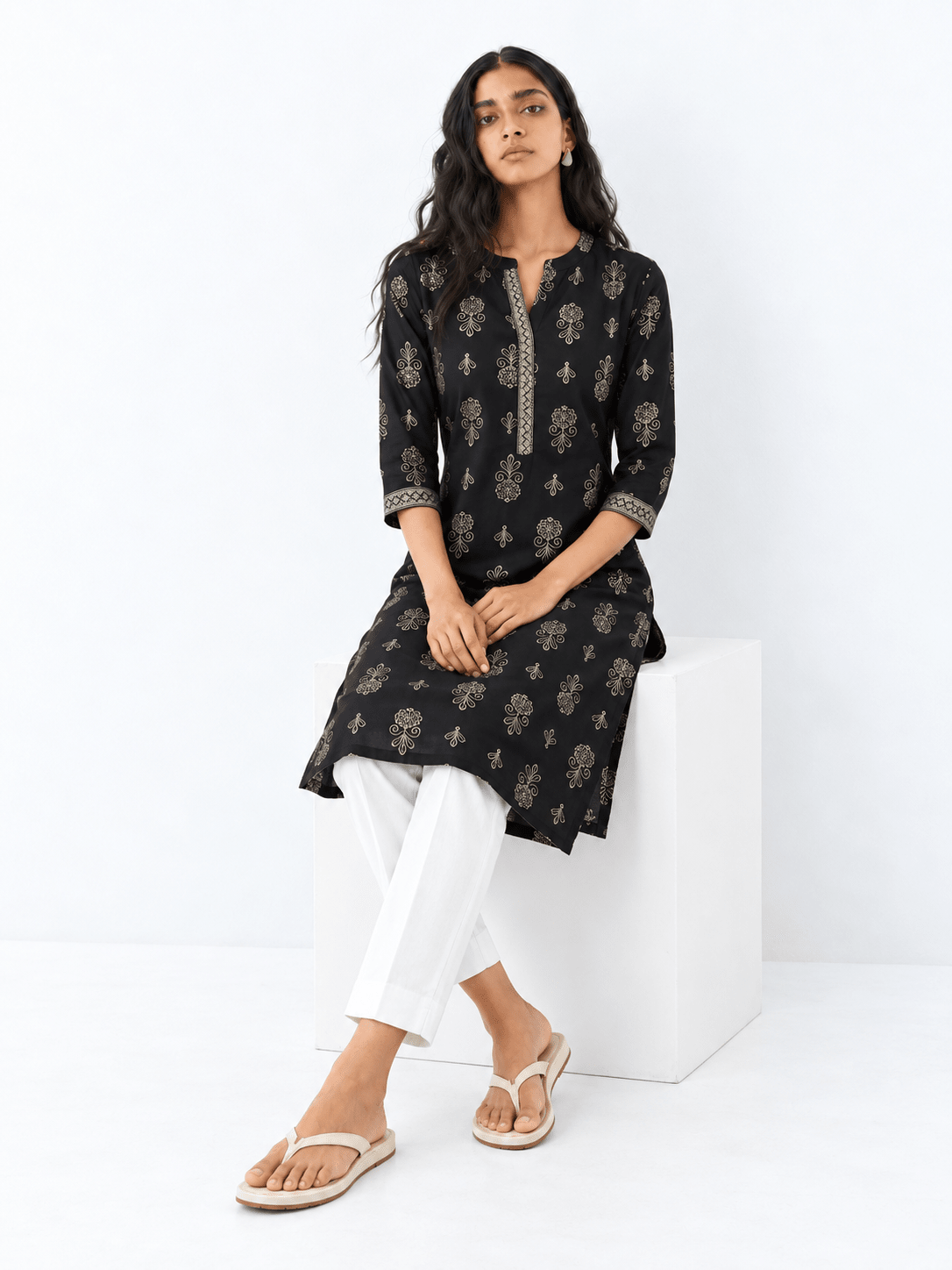 DWEEP SARA Black Printed Rayon Straight Kurta - DWEEP SARA