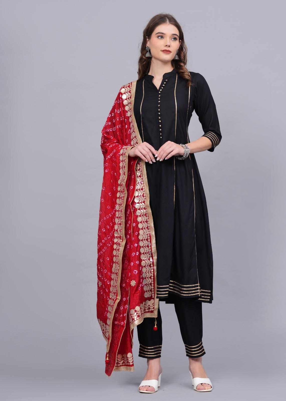 Dweep Sara Black & White Jaipuri Silk Bandhej Dupatta Rayon Slub Anarkali Suit Set - DWEEP SARA