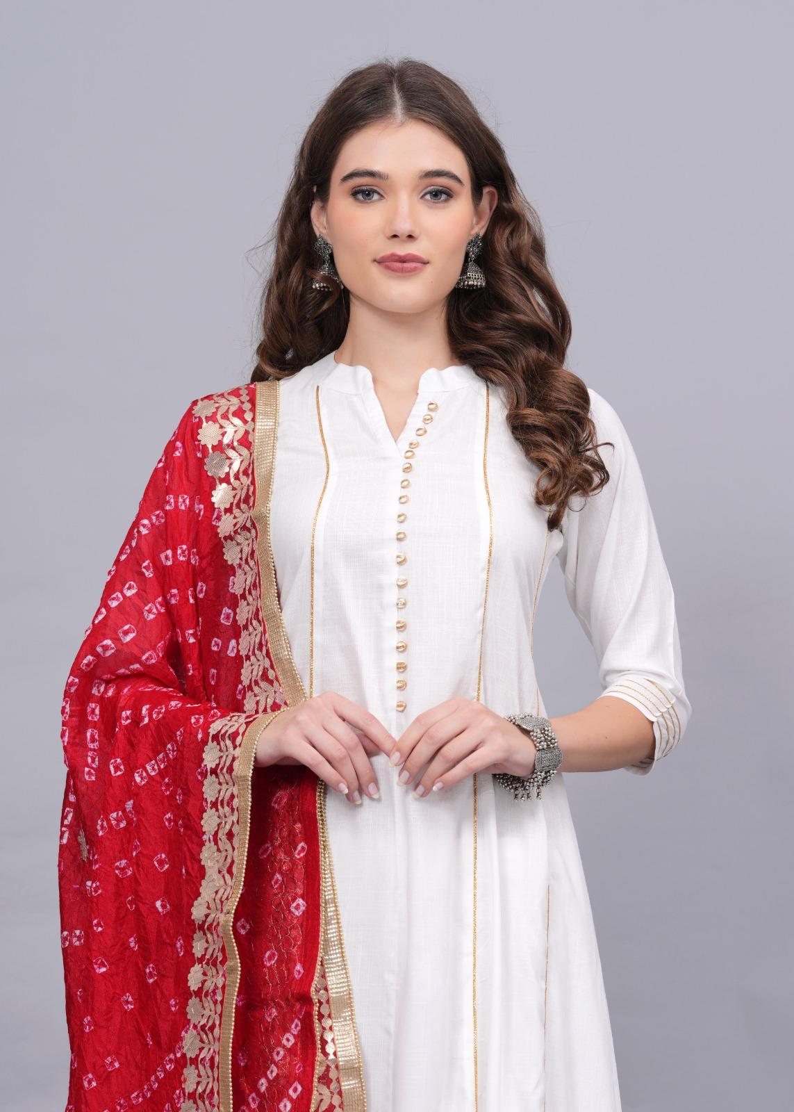 Dweep Sara Black & White Jaipuri Silk Bandhej Dupatta Rayon Slub Anarkali Suit Set - DWEEP SARA