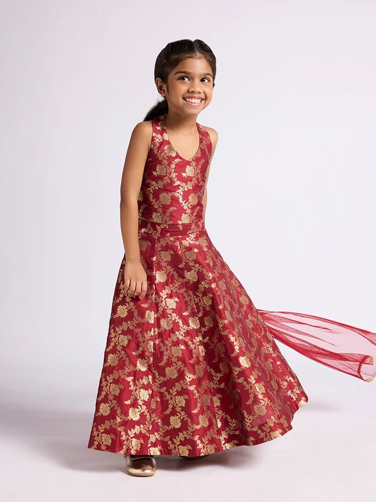 Dweep Sara Kids Girls Maroon Floral Design Ghagra, Choli and Dupatta Set (2 - 10 years) - DWEEP SARA