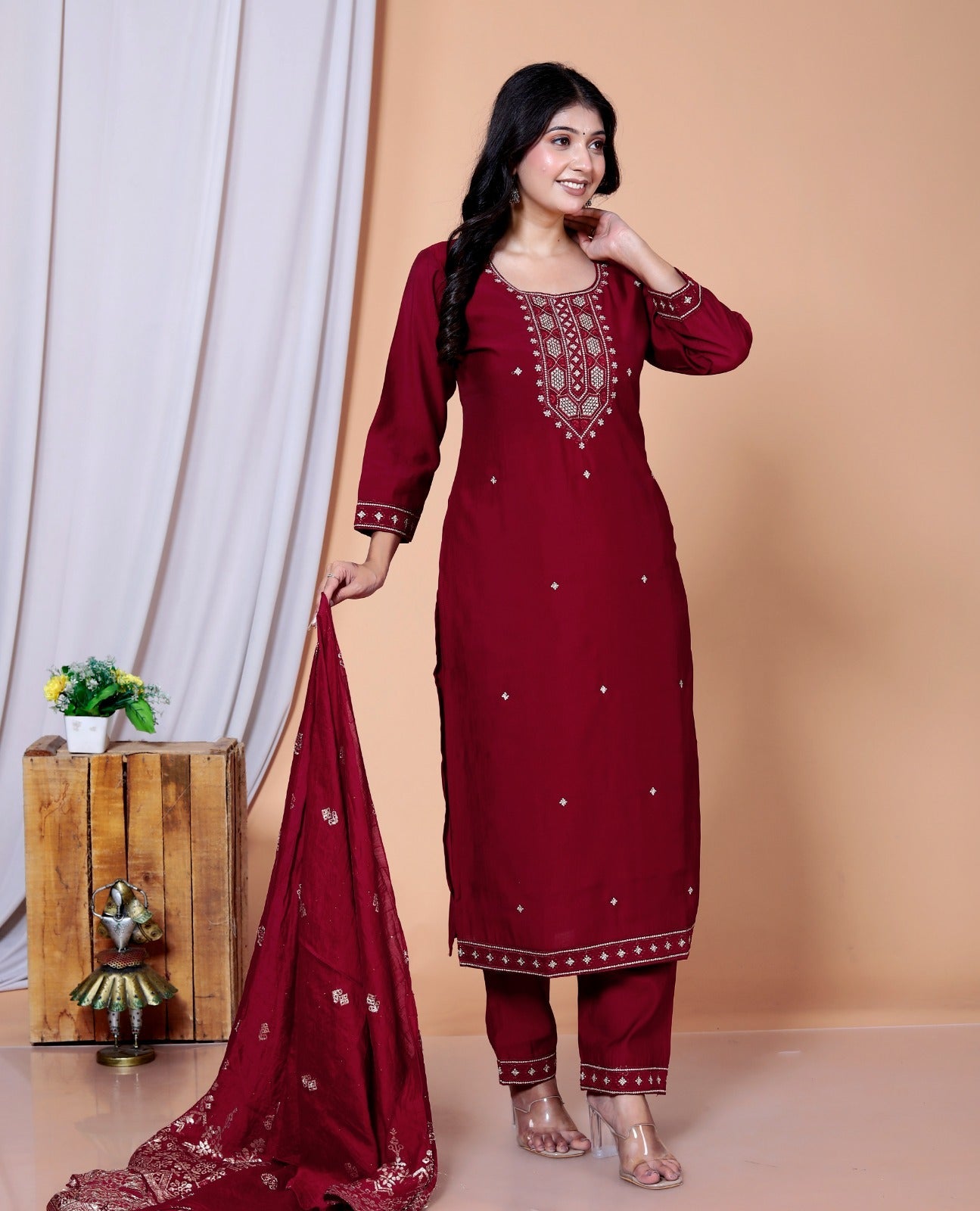 Dweep Sara Maslin Fabric Party Wear Women's wear Black Red Green KurtI Embroidered Dupatta Diwali Special Muslin Fabric 3/4 sleeves S - XXL sizes Traditional Indian Pakistani Wedding - DWEEP SARA