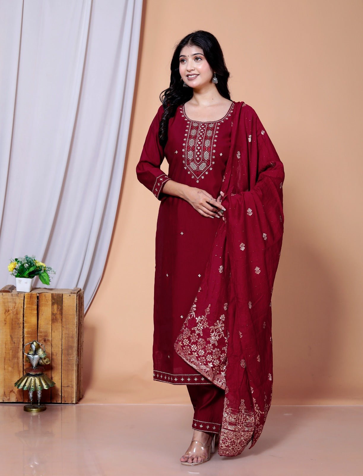 Dweep Sara Maslin FaWear Women's wear Black and Red Kurti Embroidered Muslin Fabric Suit Set - DWEEP SARA
