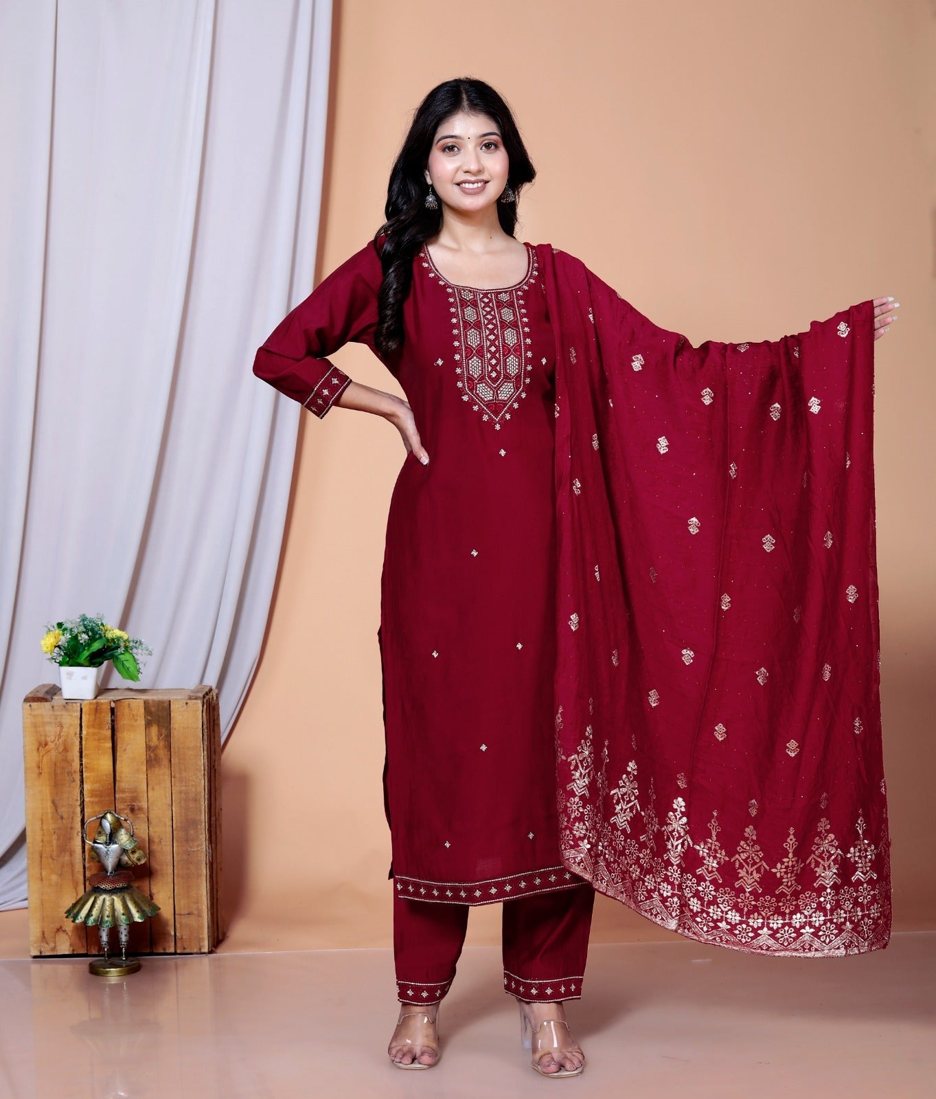 Dweep Sara Maslin FaWear Women's wear Black and Red Kurti Embroidered Muslin Fabric Suit Set - DWEEP SARA