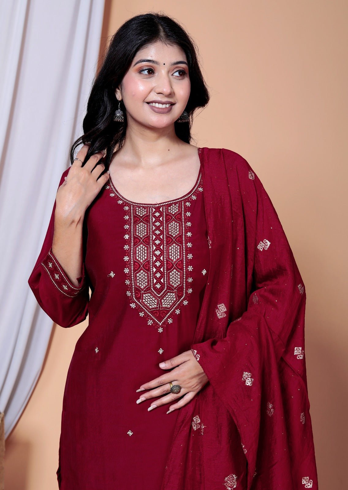 Dweep Sara Maslin FaWear Women's wear Black and Red Kurti Embroidered Muslin Fabric Suit Set - DWEEP SARA