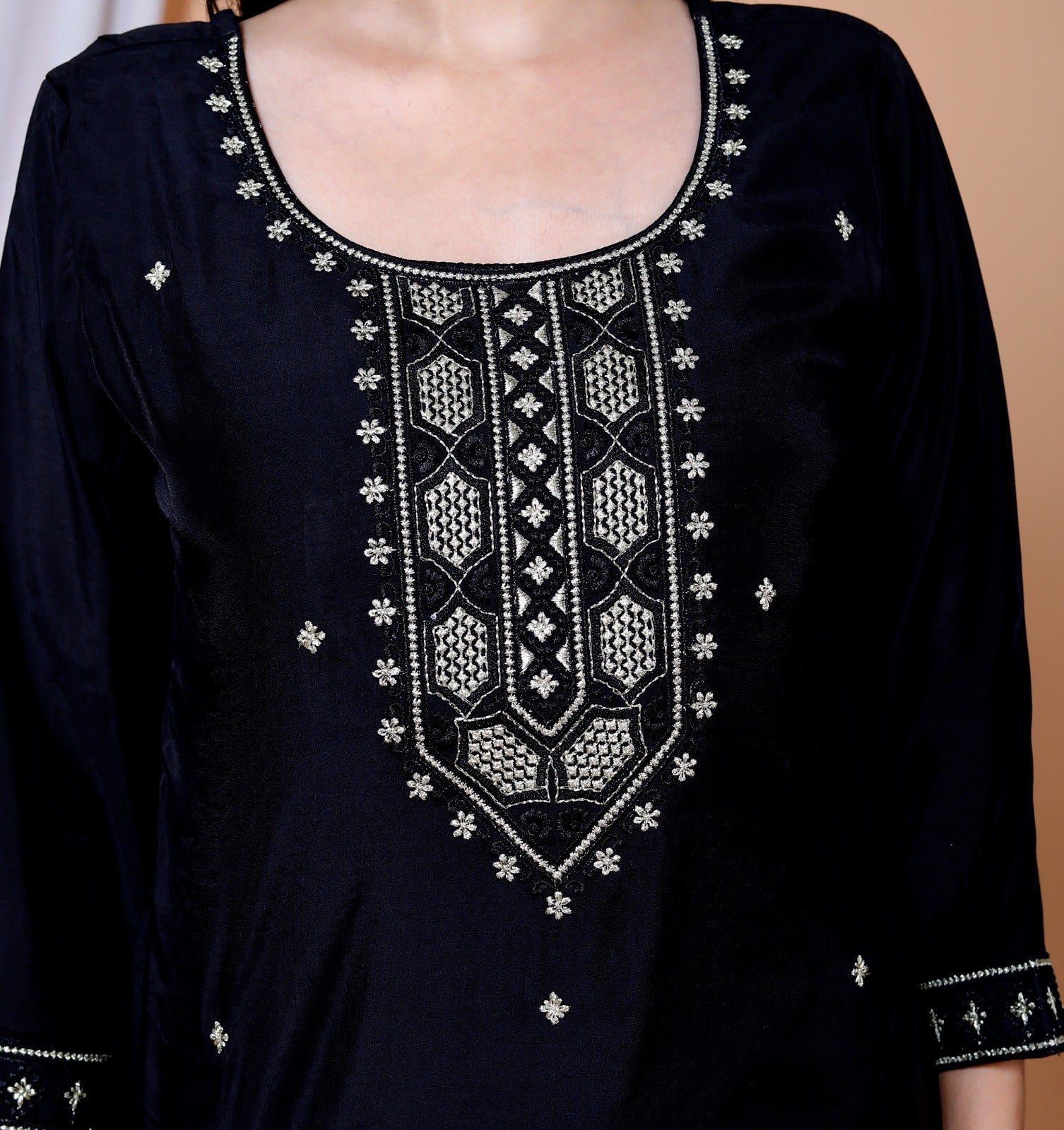 Dweep Sara Maslin FaWear Women's wear Black and Red Kurti Embroidered Muslin Fabric Suit Set - DWEEP SARA