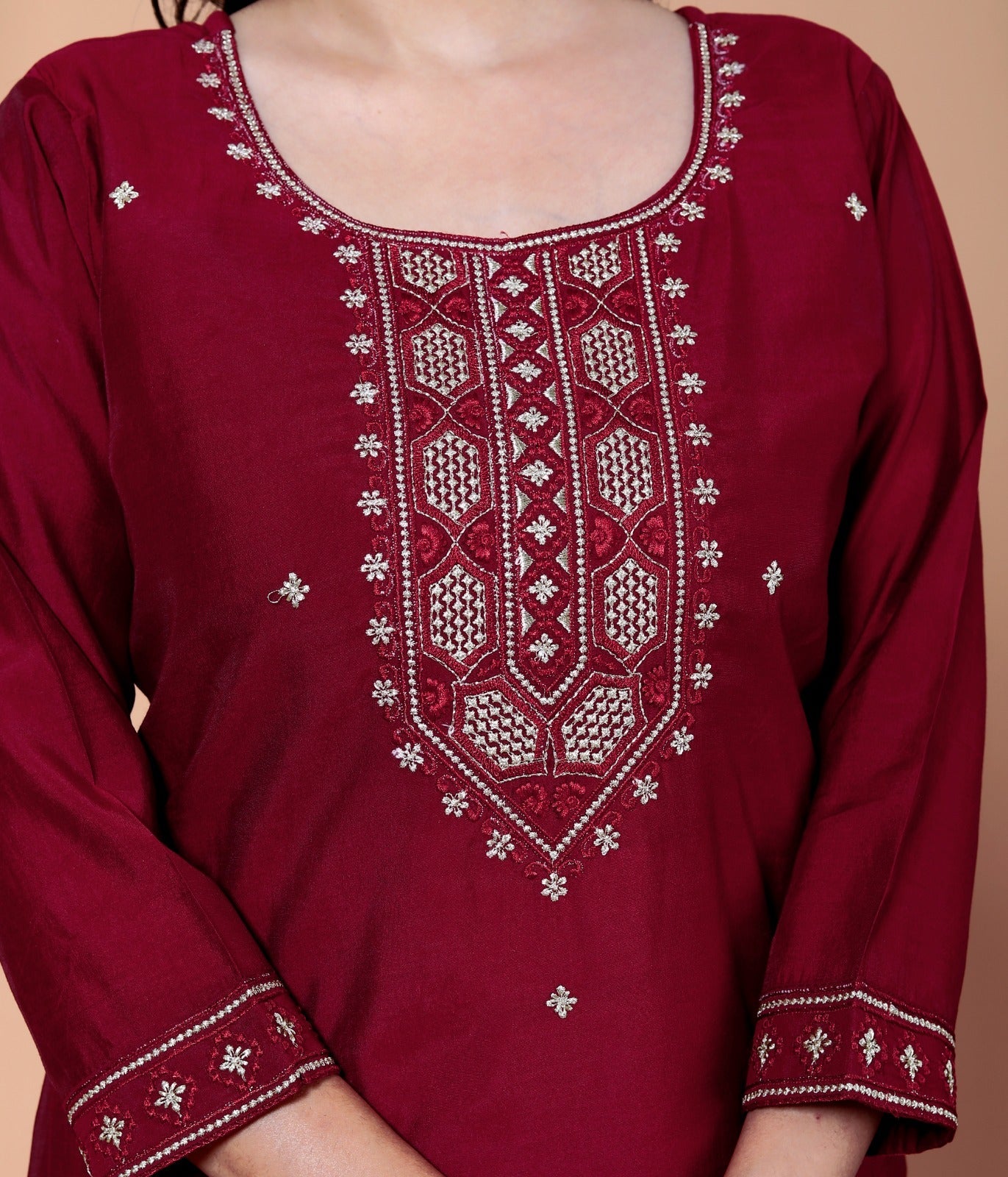 Dweep Sara Maslin FaWear Women's wear Black and Red Kurti Embroidered Muslin Fabric Suit Set - DWEEP SARA