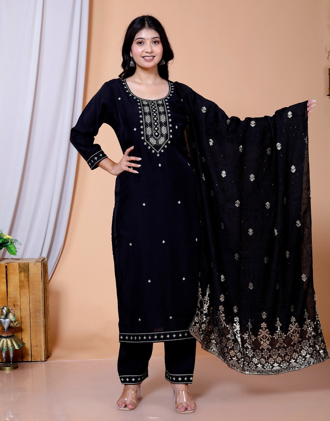 Dweep Sara Maslin FaWear Women's wear Black and Red Kurti Embroidered Muslin Fabric Suit Set - DWEEP SARA