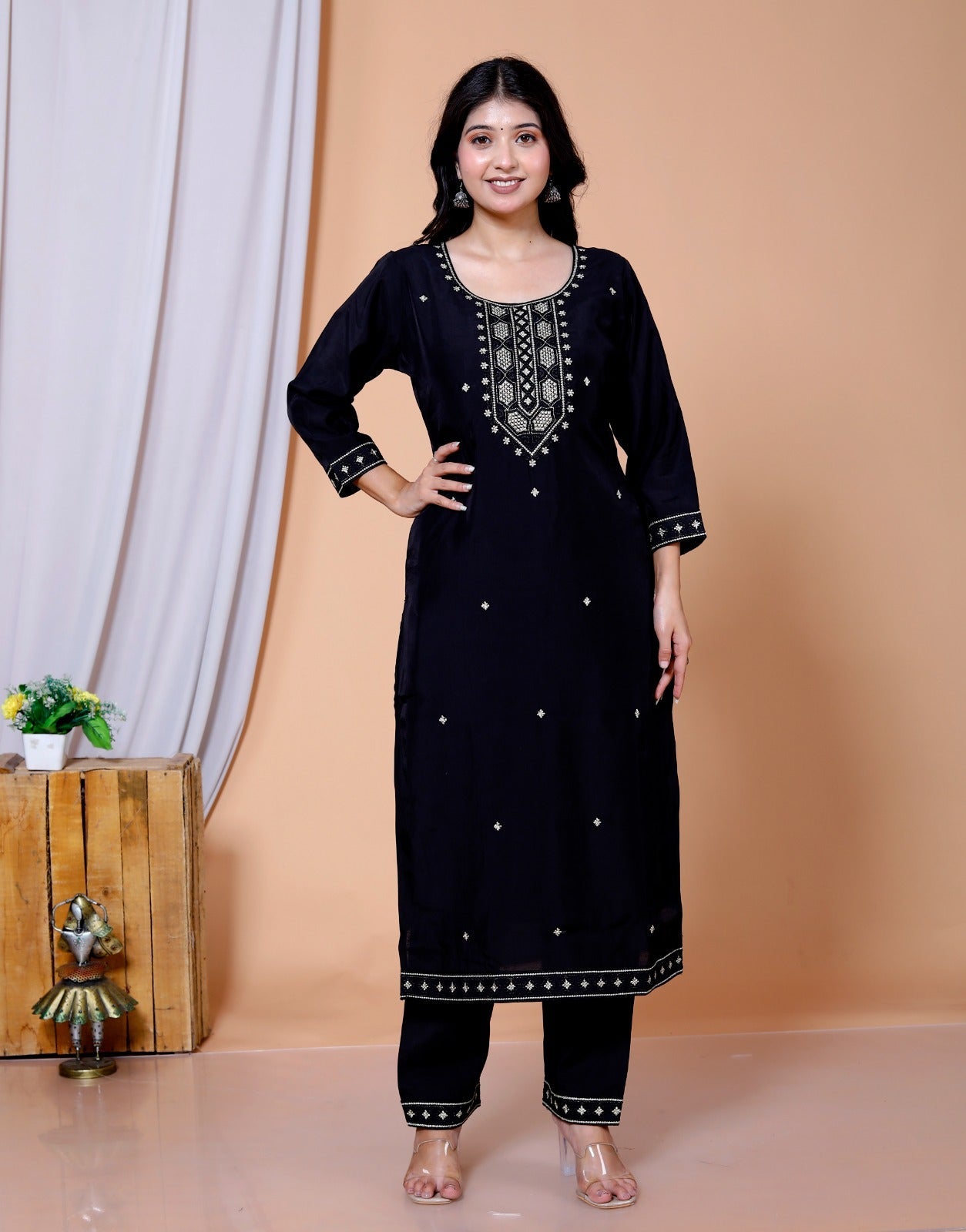 Dweep Sara Maslin FaWear Women's wear Black and Red Kurti Embroidered Muslin Fabric Suit Set - DWEEP SARA