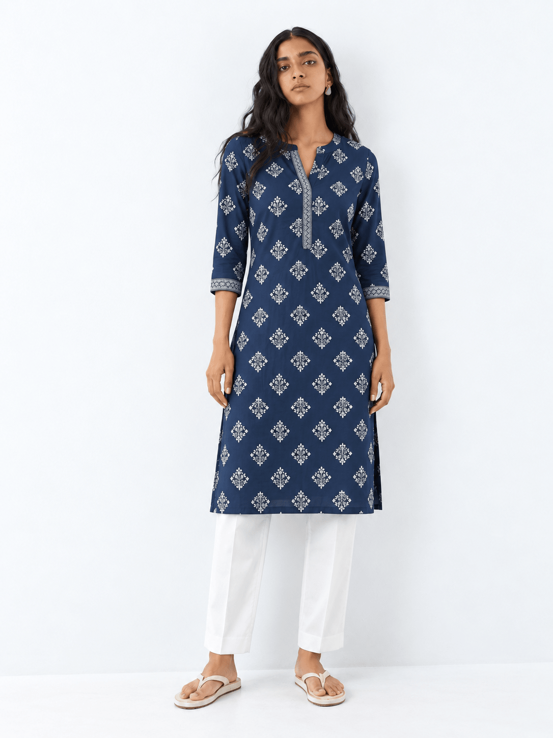 DWEEP SARA Navy Blue Printed Rayon Straight Kurta - DWEEP SARA