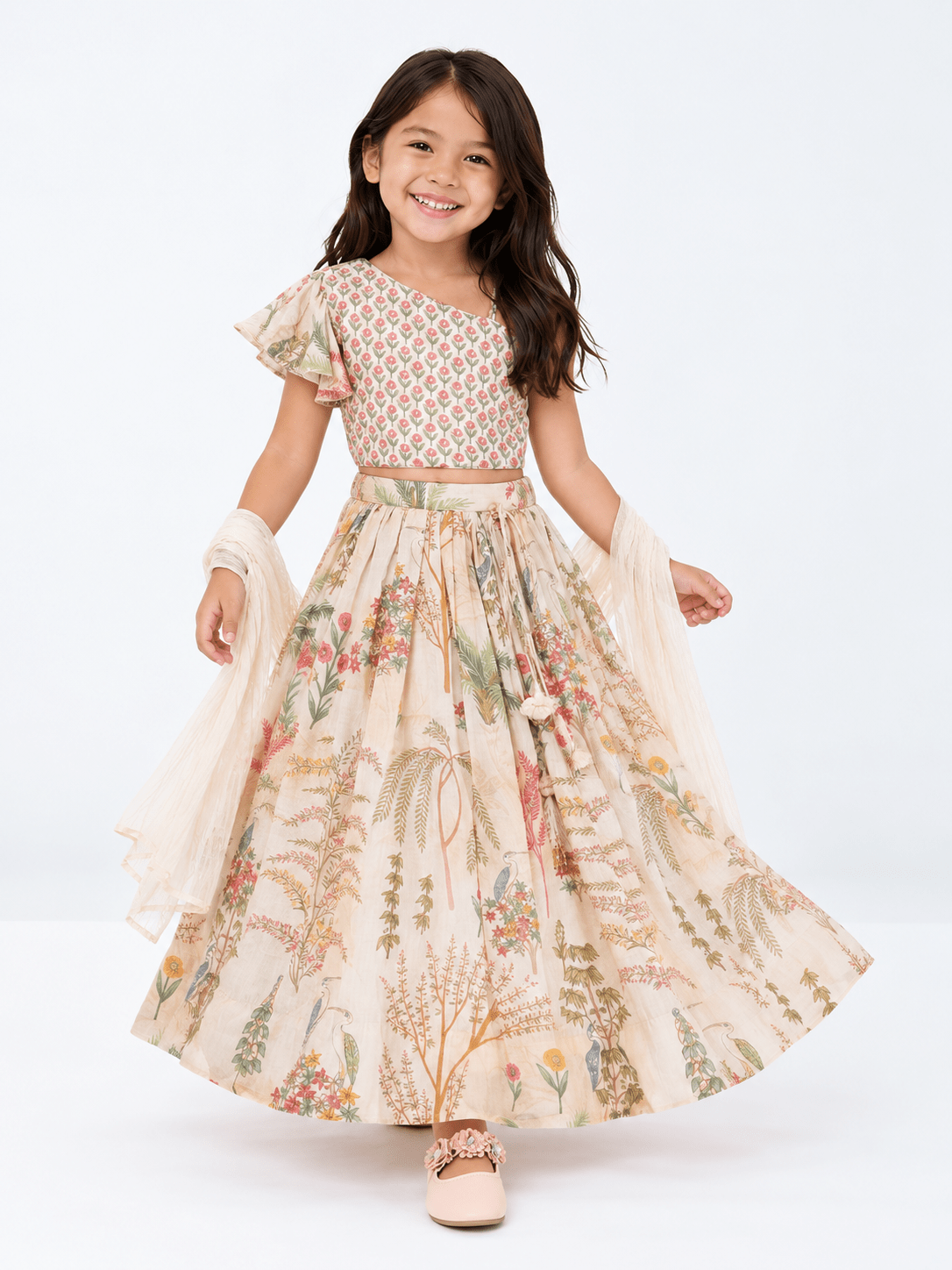 Elegant Cream Floral Printed Kids Lehenga Set – Style 4927 - DWEEP SARA