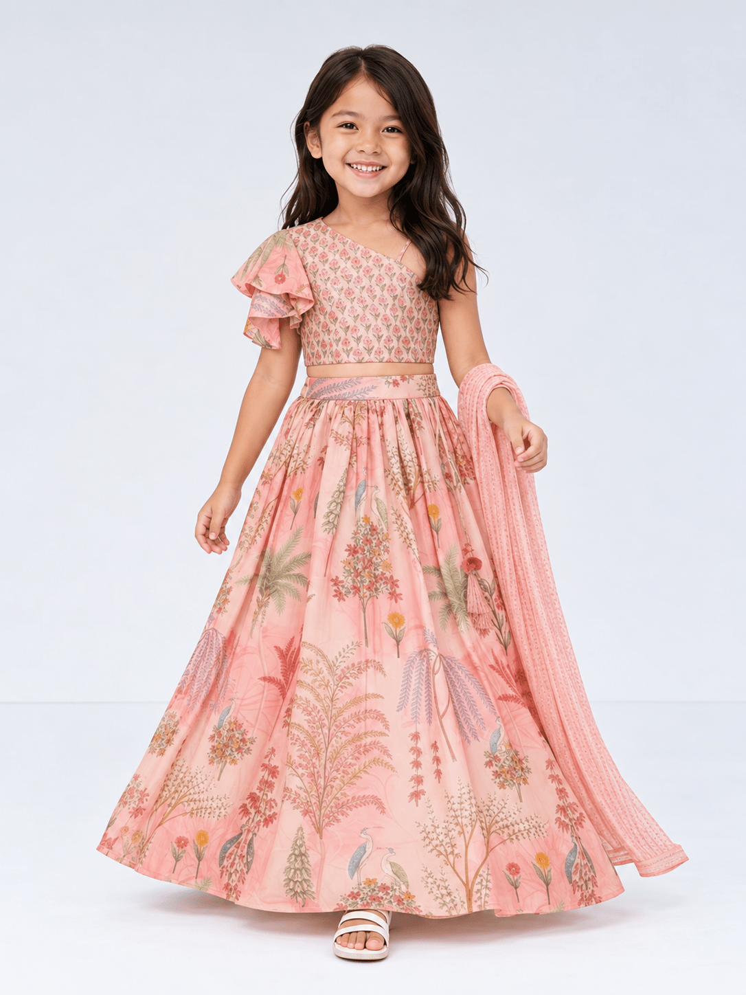 Elegant Peach Floral Printed Kids Lehenga Set - DWEEP SARA