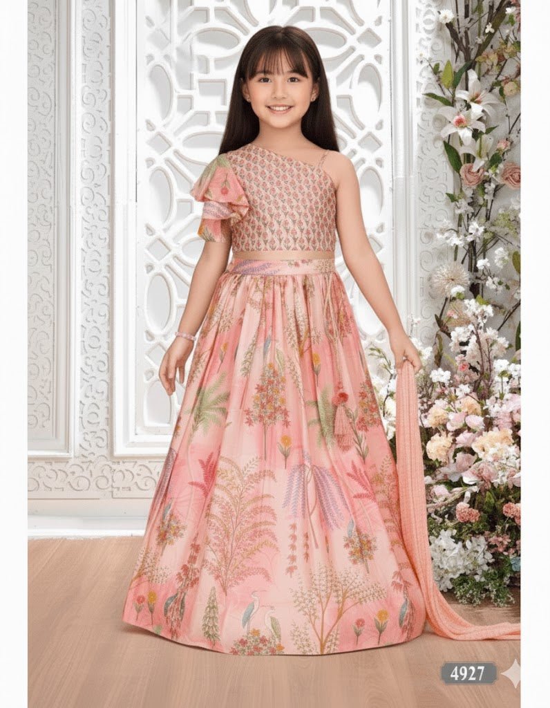 Elegant Peach Floral Printed Kids Lehenga Set - DWEEP SARA