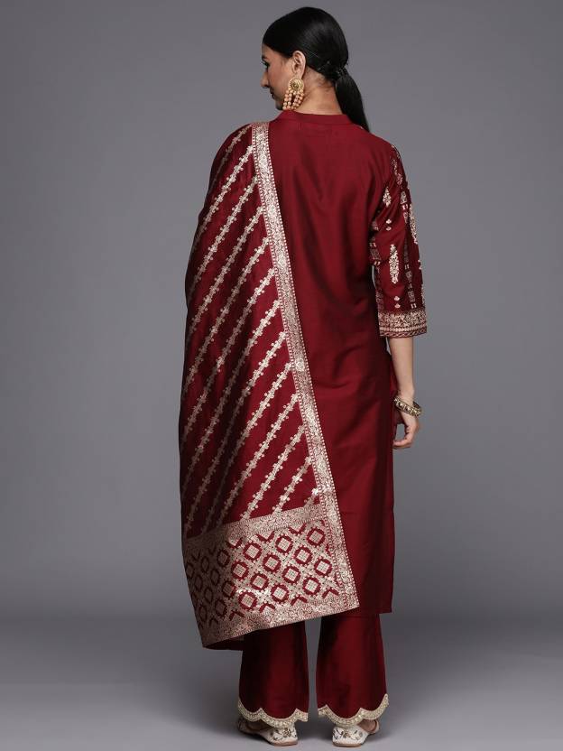 Ethnic Motifs Chanderi Silk Maroon Suit Set - DWEEP SARA