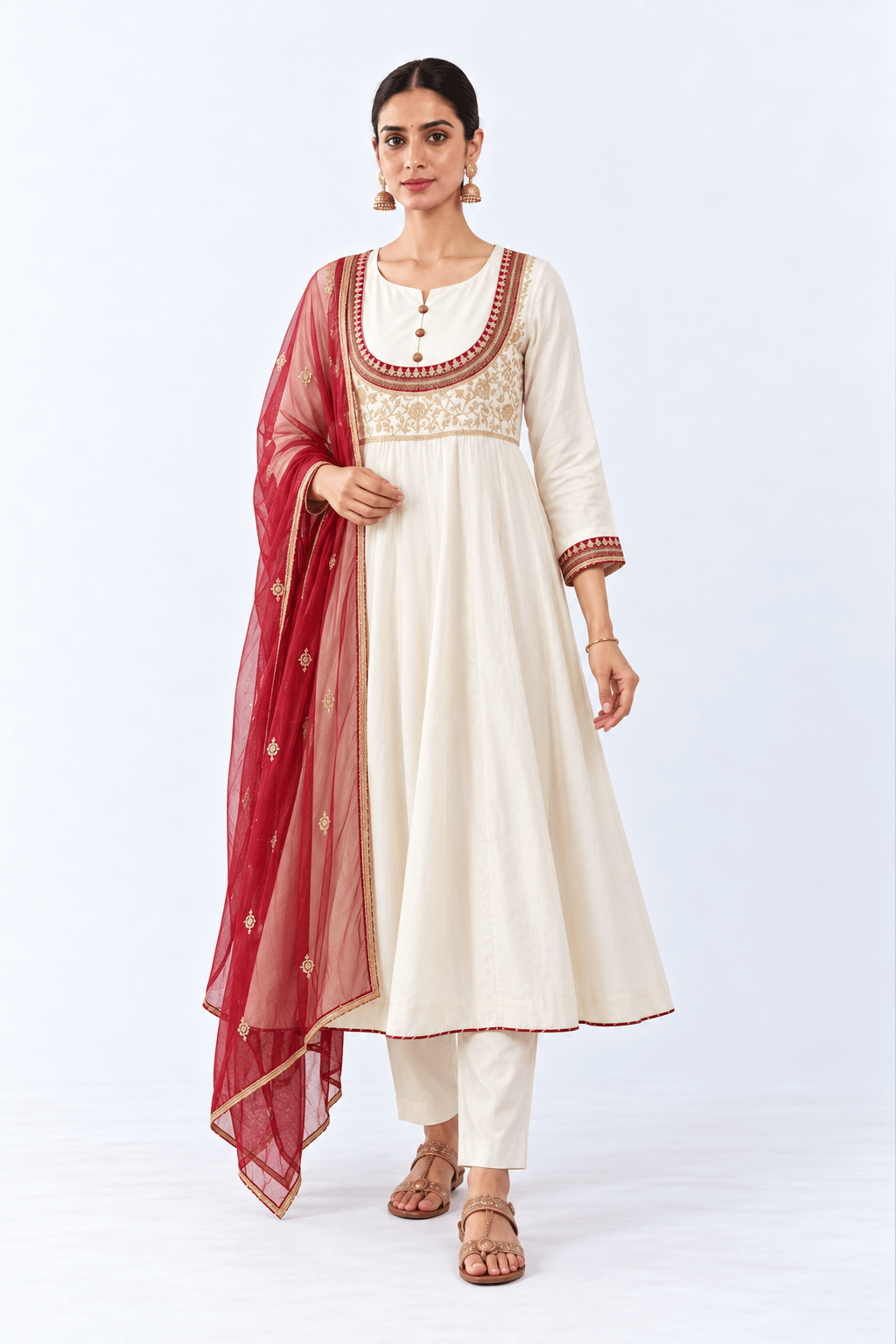 Festive Ivory Embroidered Kurta Pant Set with Dupatta - DWEEP SARA