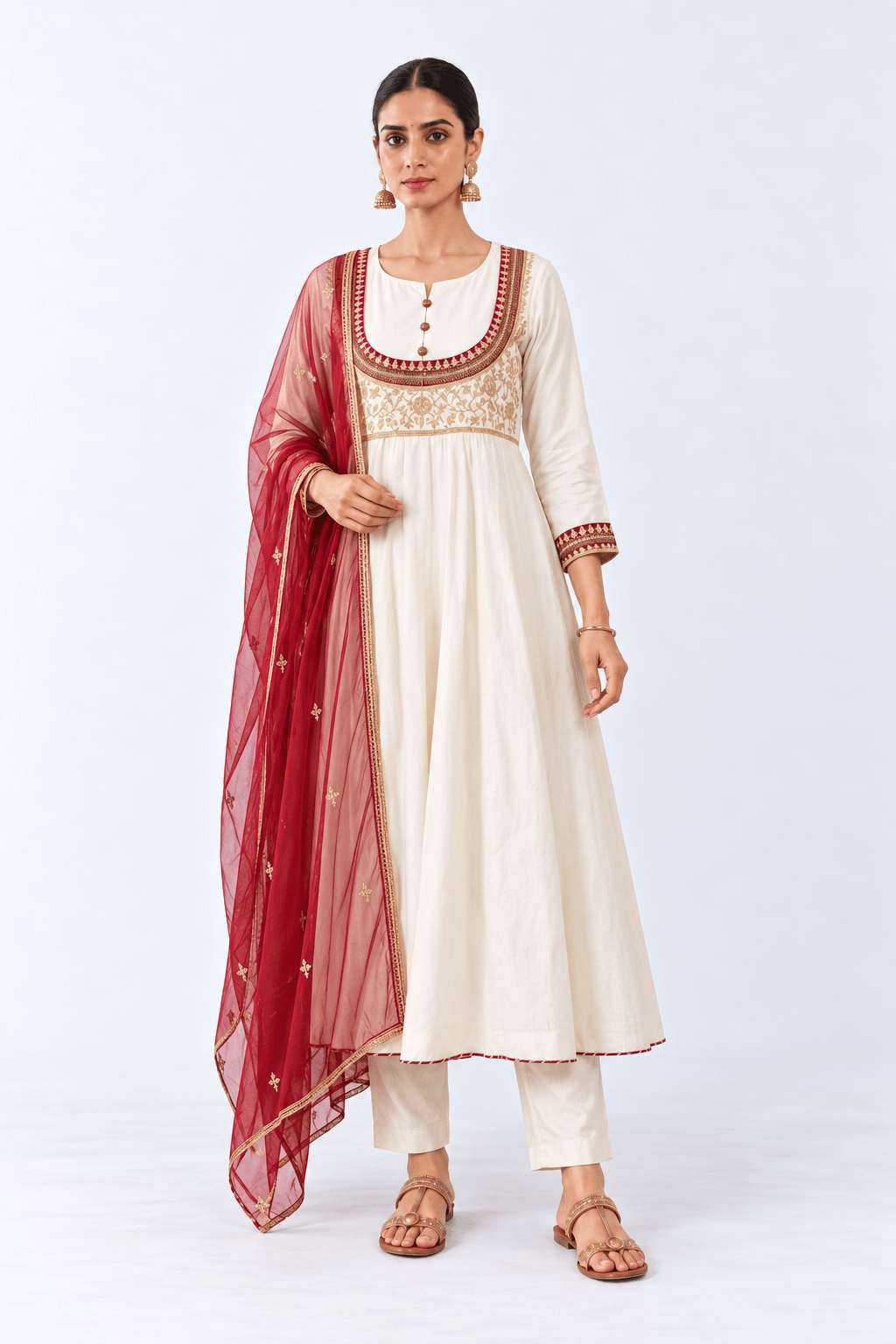 Festive Ivory Embroidered Kurta Pant Set with Dupatta - DWEEP SARA