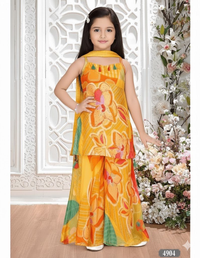 Girls' Festive Floral Printed Yellow Sharara Set - DWEEP SARA
