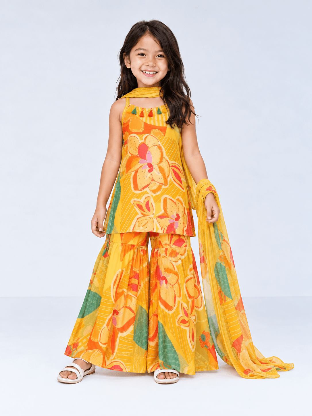 Girls' Festive Floral Printed Yellow Sharara Set - DWEEP SARA