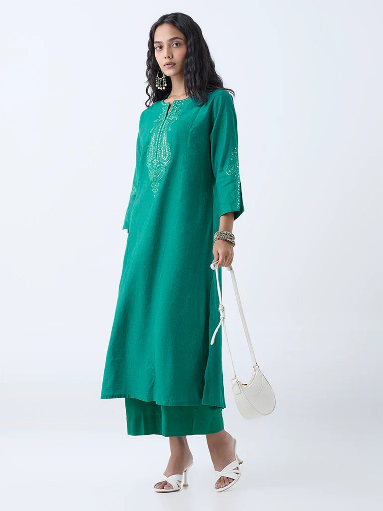 Green Embroidered A - Line Kurta - DWEEP SARA