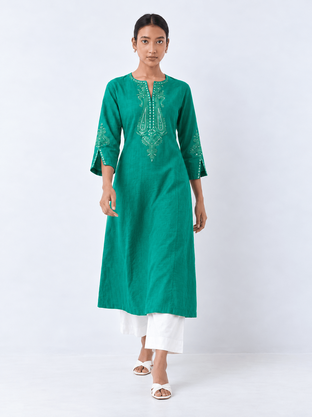 Green Embroidered A-Line Kurta - DWEEP SARA