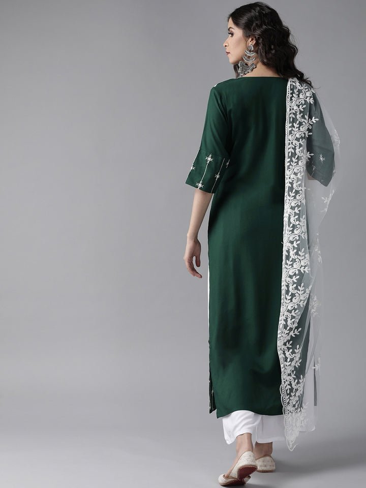 Green Embroidered Viscose Rayon Suit Set - DWEEP SARA
