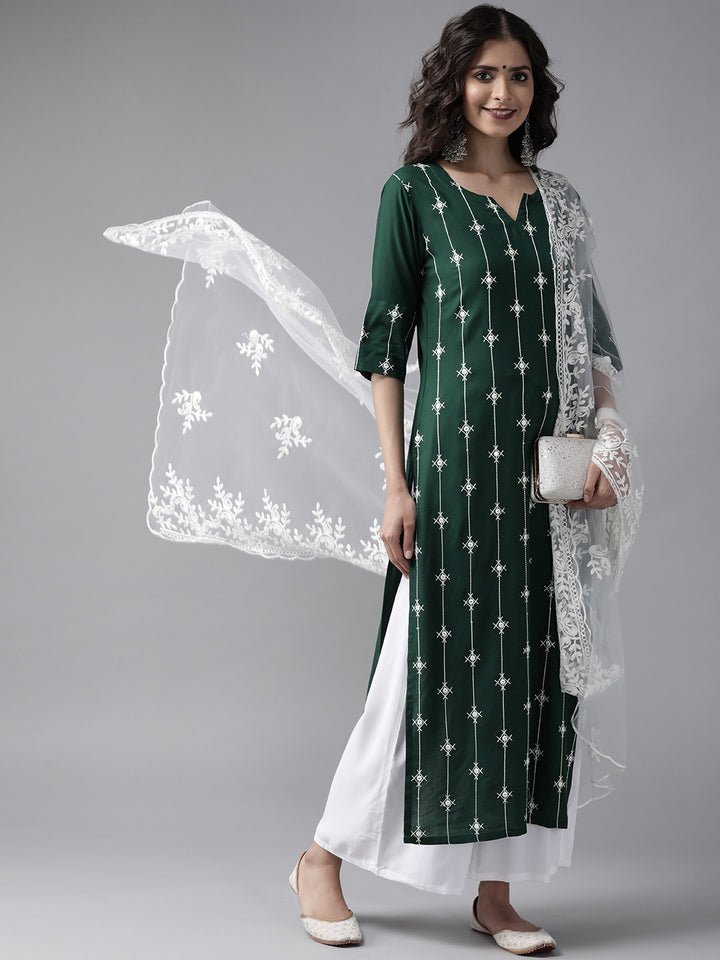 Green Embroidered Viscose Rayon Suit Set - DWEEP SARA