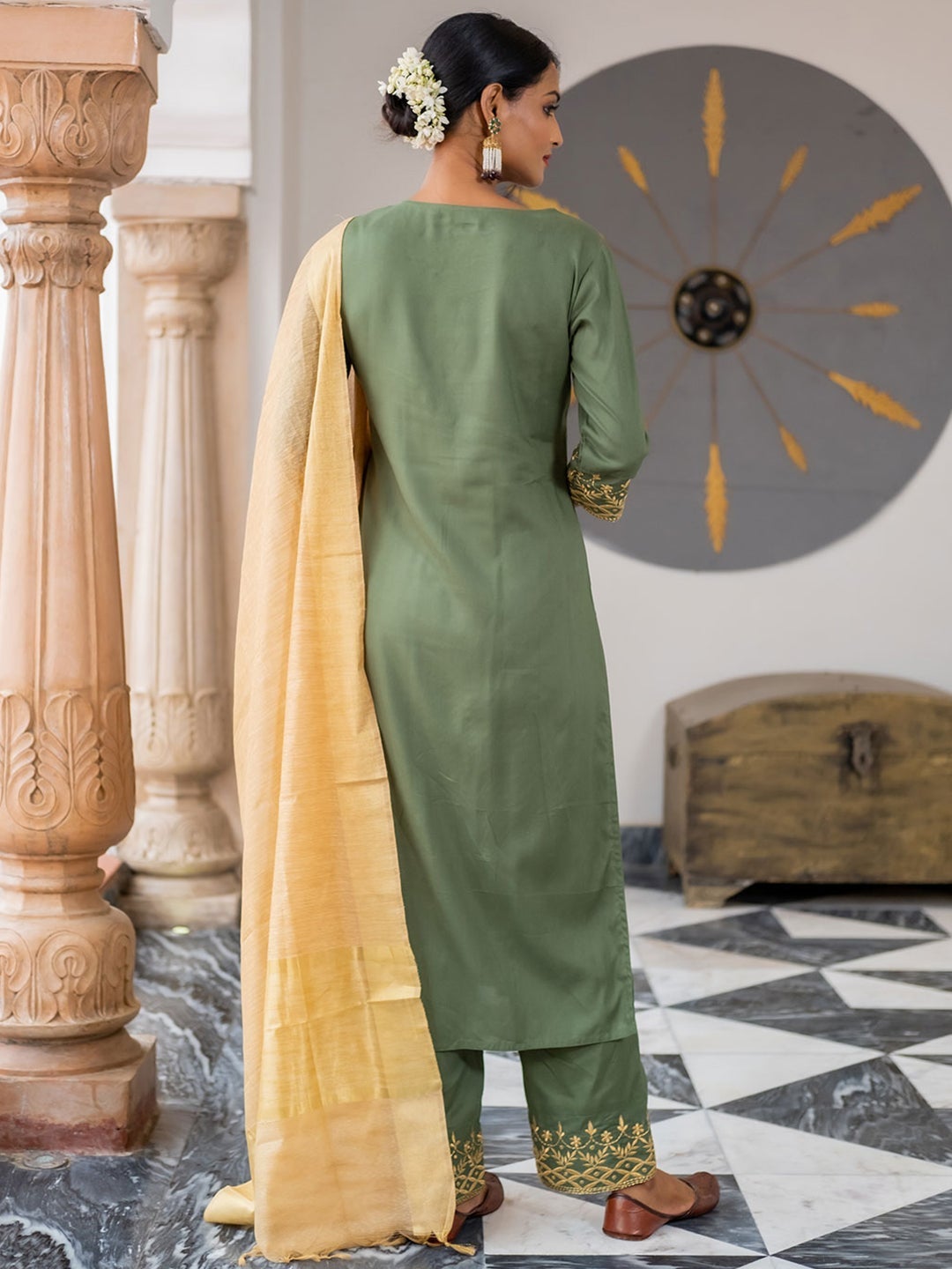 Green Ethnic Embroidery Suit With Chanderi Silk Dupatta - DWEEP SARA