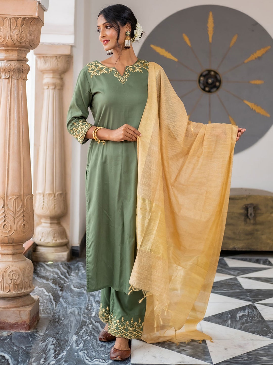 Green Ethnic Embroidery Suit With Chanderi Silk Dupatta - DWEEP SARA