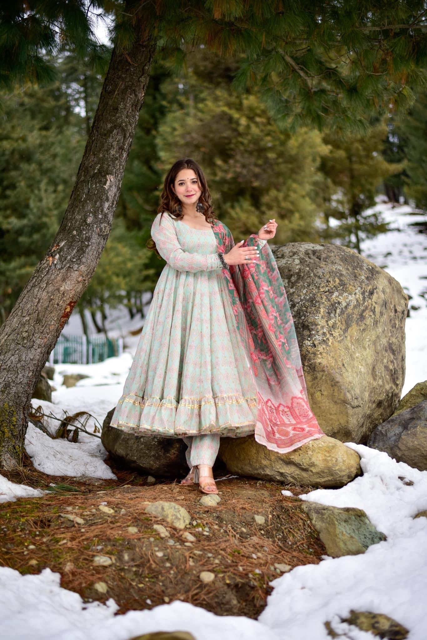 Green Flared Suit Set With Chanderi Dupatta - DWEEP SARA