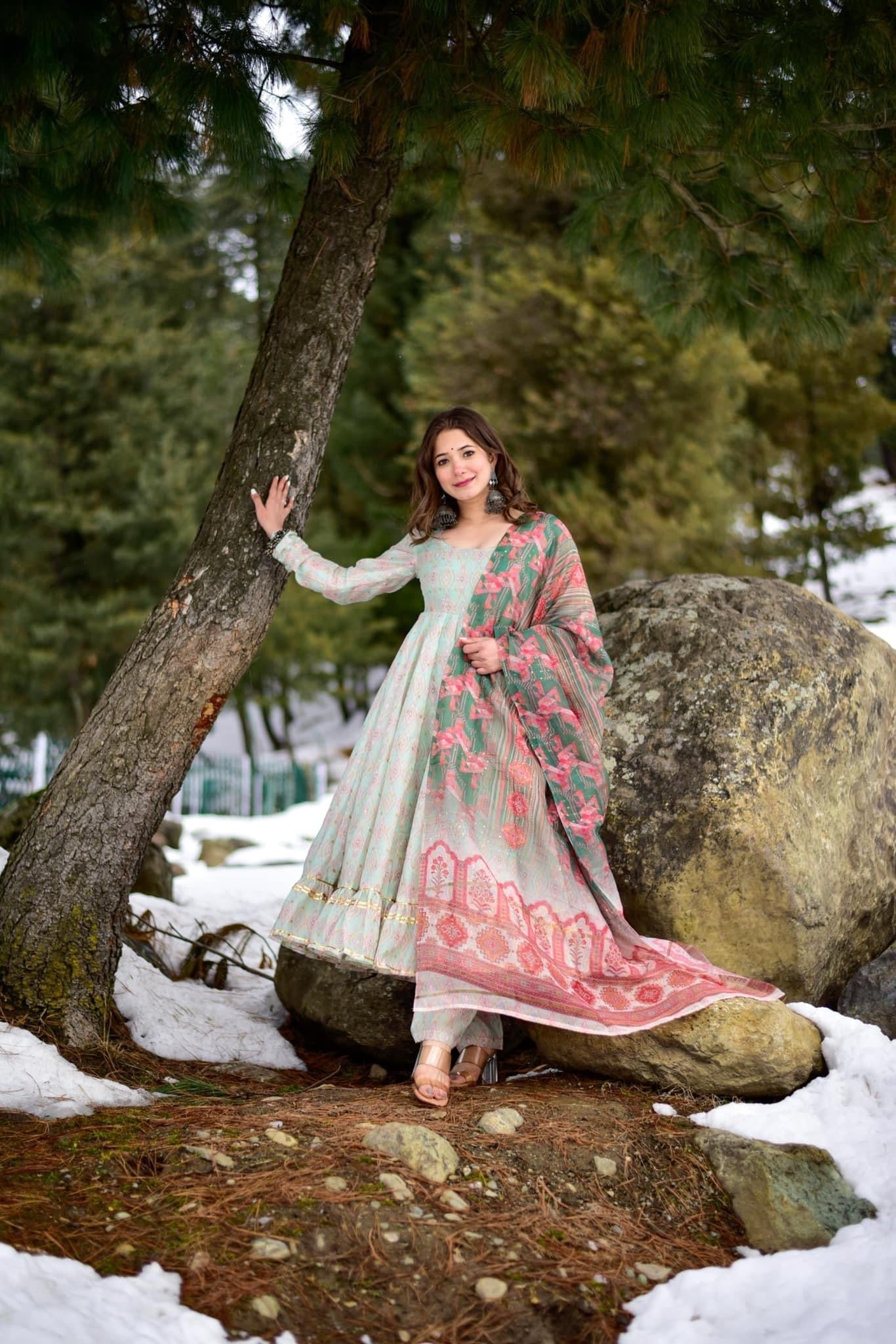 Green Flared Suit Set With Chanderi Dupatta - DWEEP SARA