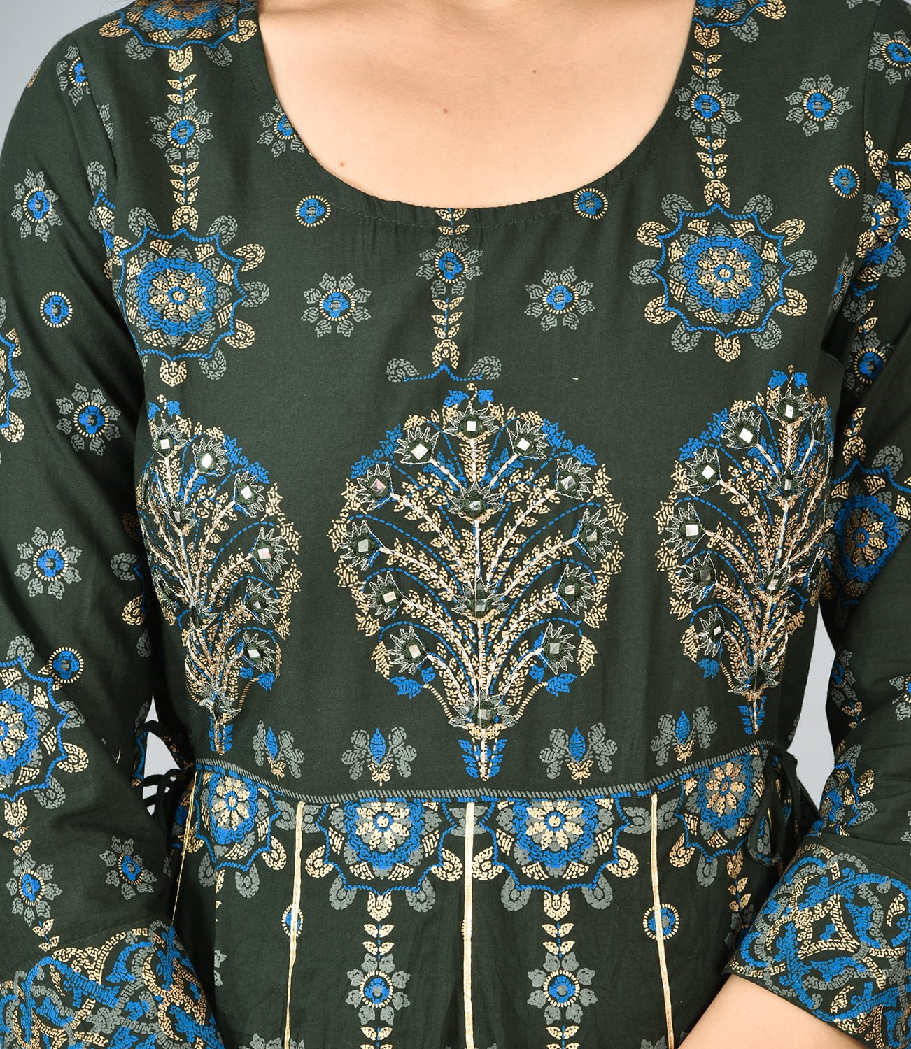 Green Mirror Embroidered Handmade Pure Cotton Dress - DWEEP SARA
