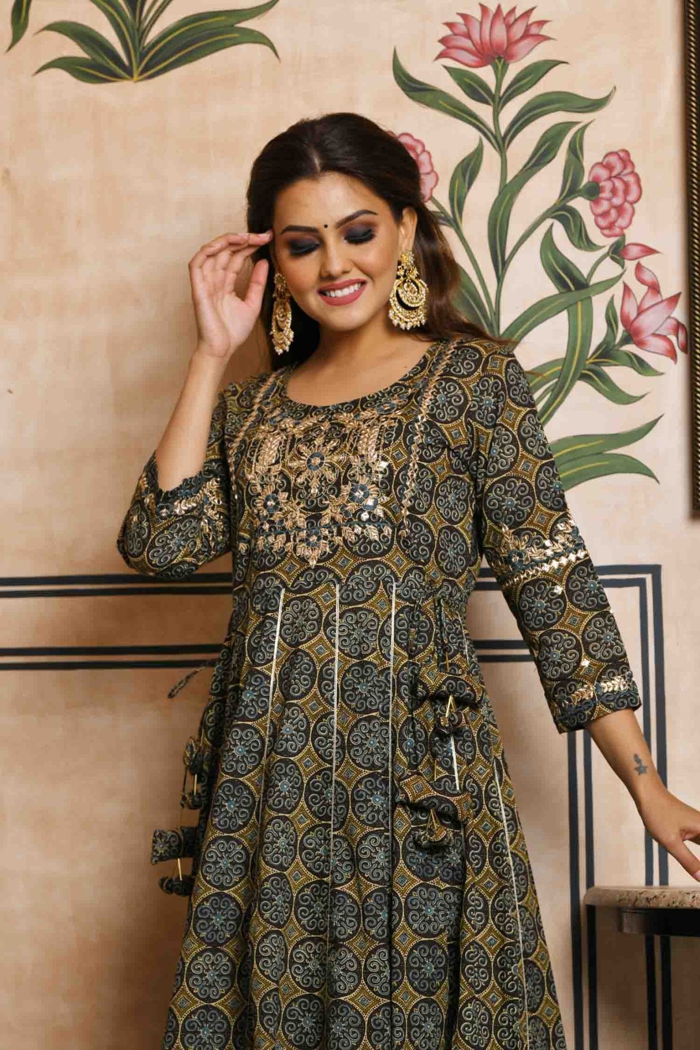 Green Mirror Work Pure Cotton Dress - DWEEP SARA