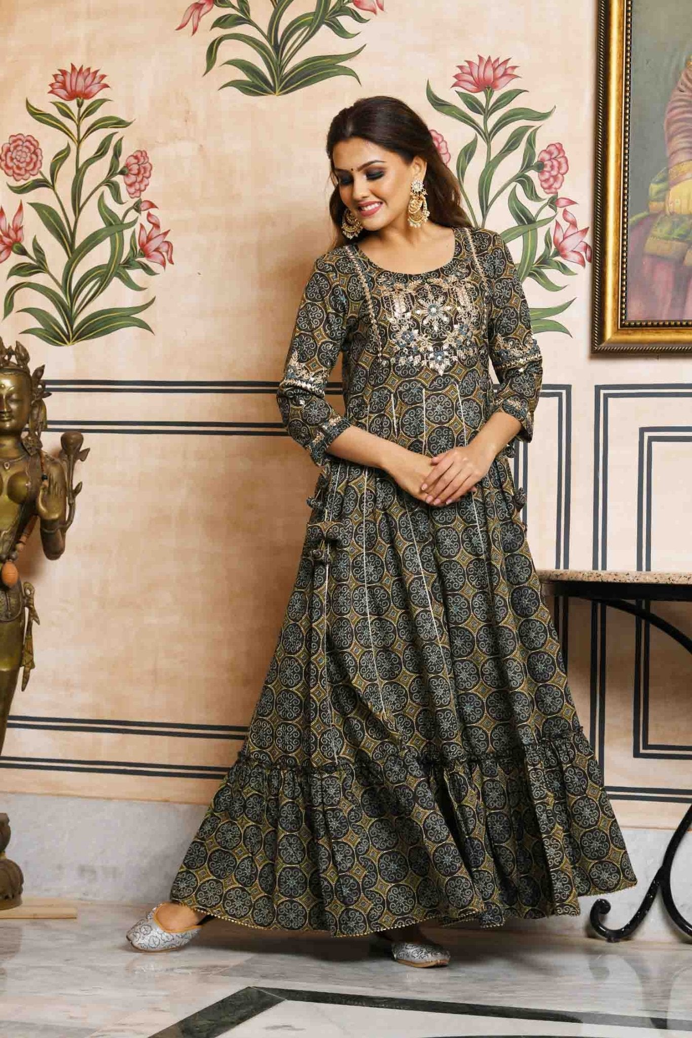 Green Mirror Work Pure Cotton Dress - DWEEP SARA
