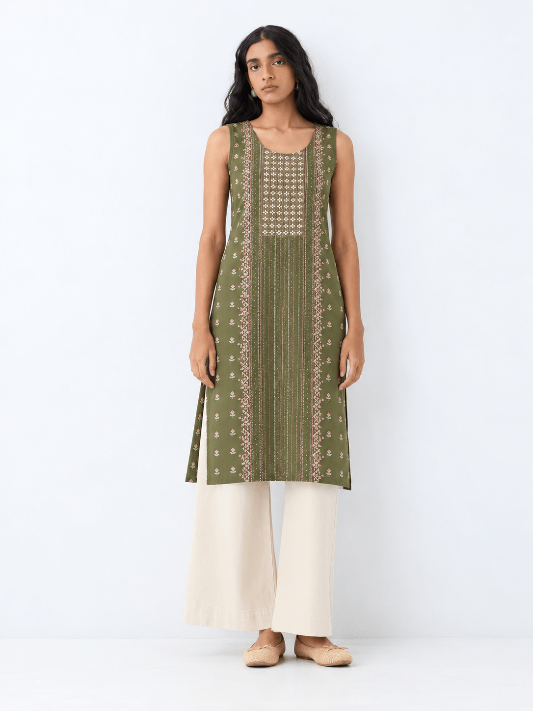 Green Printed Rayon Straight Kurta with Stone Detailing - DWEEP SARA
