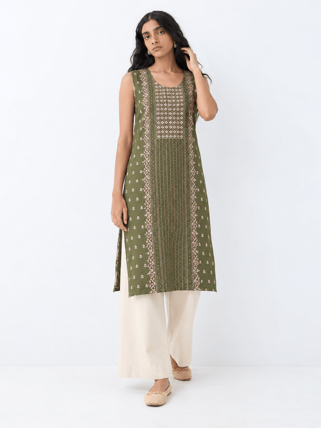 Green Printed Rayon Straight Kurta with Stone Detailing - DWEEP SARA
