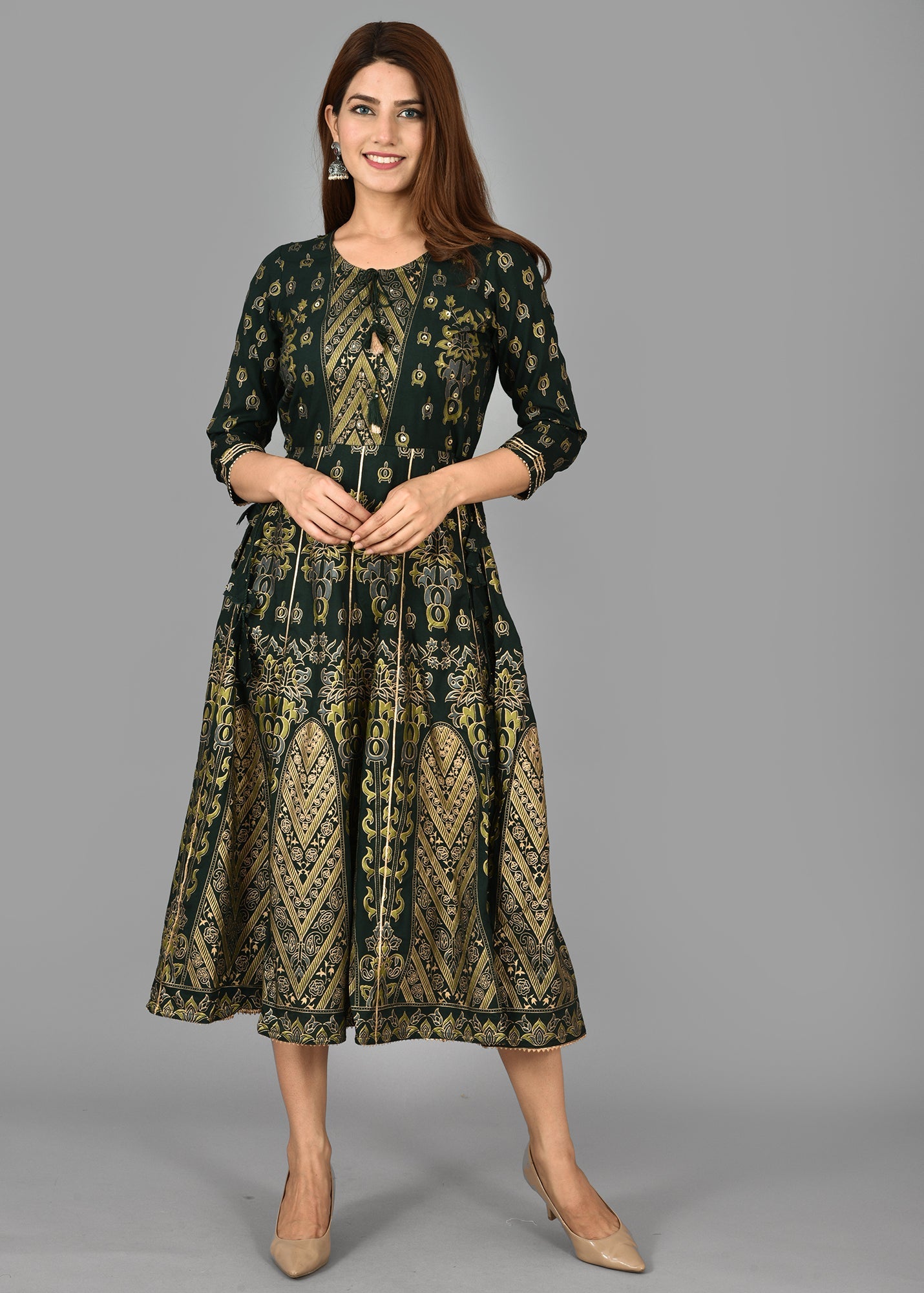 Green Rayon Fit & Flared Dress - DWEEP SARA