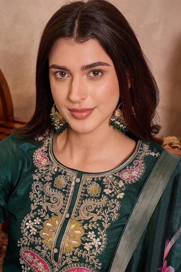 Green Silk Blend Solid Embroidered Straight Kurta Trouser With Dupatta - DWEEP SARA