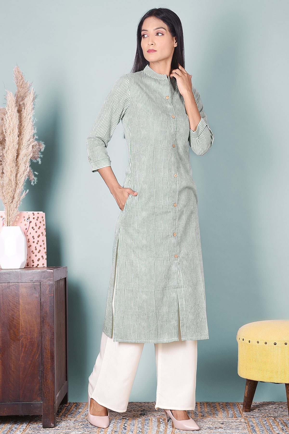 Green Striped Kurta With Pockets - DWEEP SARA