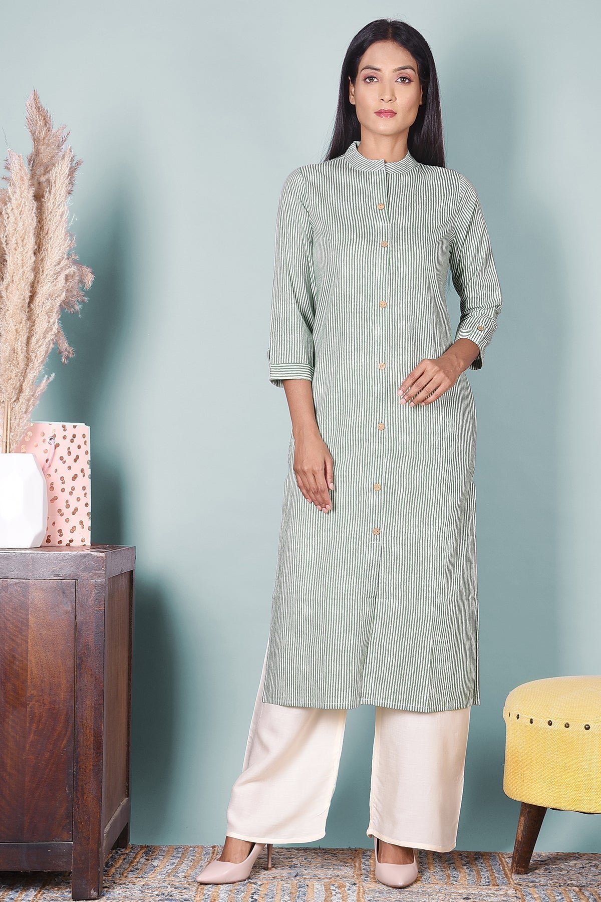 Green Striped Kurta With Pockets - DWEEP SARA